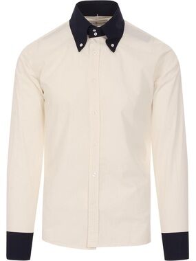Madcap England Two-Tone Button-Down Shirt in Cream with Navy Trim